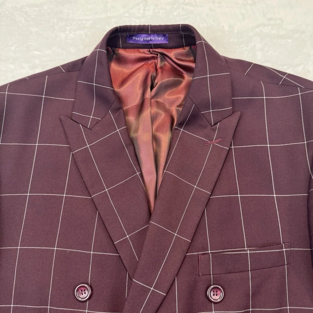 Designed‎ in Italy Mens Burgundy Windowpane Double Breasted Blazer Jacket 42R